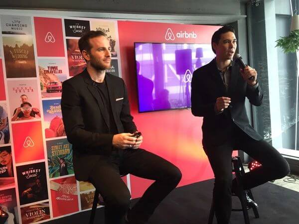 Joe Gebbia and Matthew Deane at an Airbnb press conference in Bangkok, Thailand.